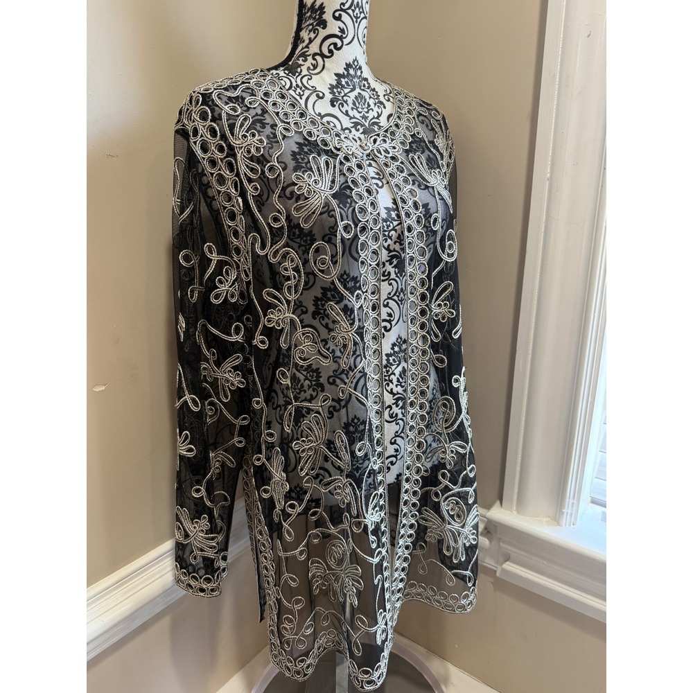Victor Costa Occasion Silver Embroidered Mesh Duster Cardigan 1X Black Glam - Picture 11 of 11